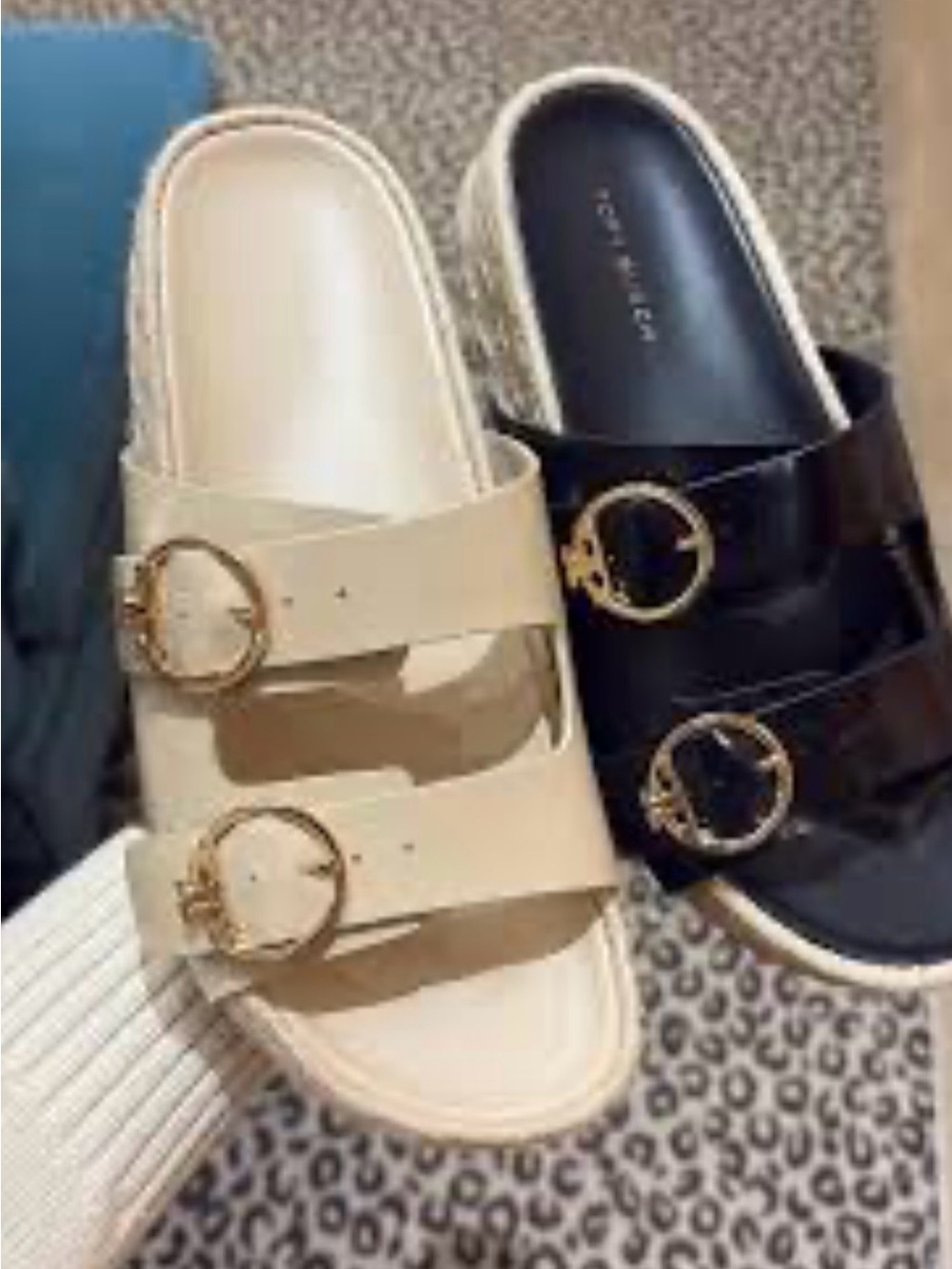 Tory Burch Dual-Buckle Slide Mules in Cream and Black